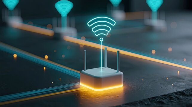 Futuristic router with glowing wifi signal and network lines