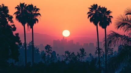 Obraz premium Silhouetted palm trees frame a hazy city skyline at sunset (2)