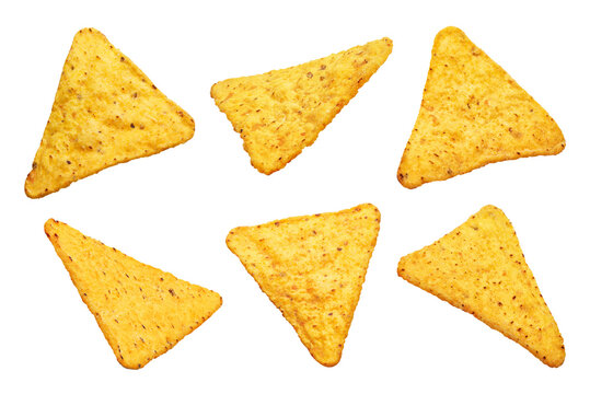 Set of delicious tortilla nacho chips, isolated on transparent cutout background
