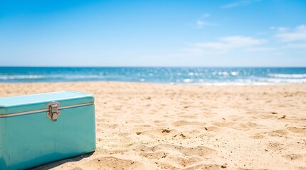 Closed Turquoise Vintage Cooler on Beach Holiday Copy Space