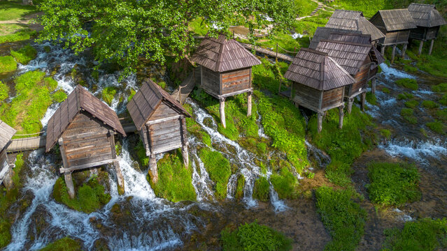 Aerial View of Historic Pliva Wooden Watermills on Waterfalls in Jajce Bosnia and Herzegovina