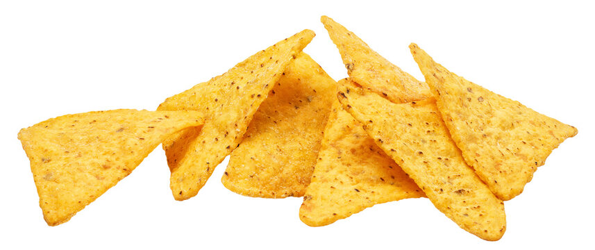 Delicious tortilla nacho chips in a crispy pile, isolated on transparent cutout background