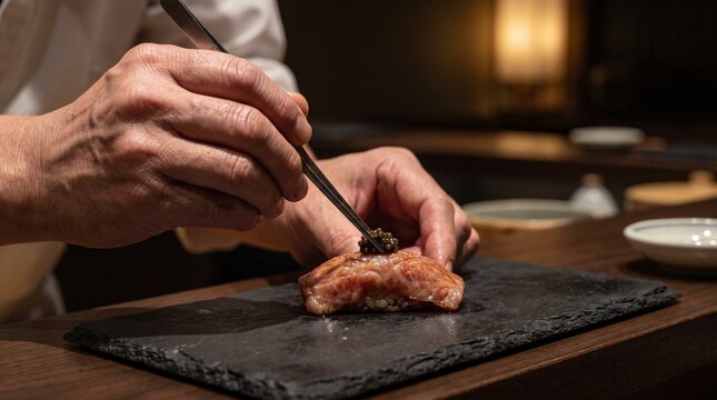 Chef Preparing Gourmet Nigiri Sushi with Caviar on Stone Plate