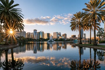 Obraz premium Tropical city skyline reflected in calm water at sunrise, palm trees frame view
