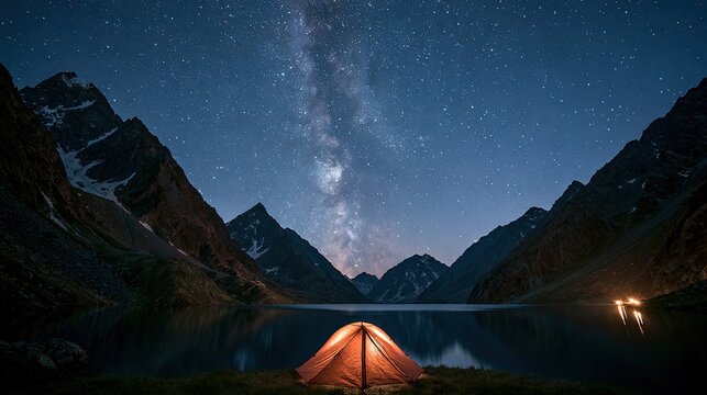 Illuminated tent under vast starry sky over calm mountain lake