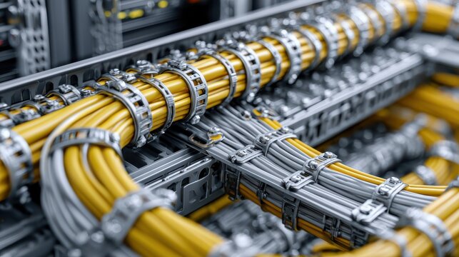 Close-up of organized yellow cables secured with metallic clamps inside a server or network hardware rack.