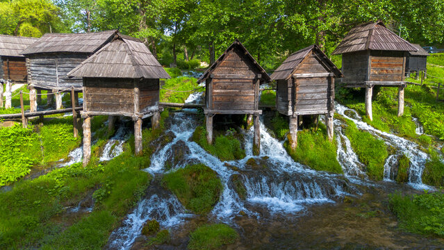 Aerial View of Historic Pliva Wooden Watermills on Waterfalls in Jajce Bosnia and Herzegovina