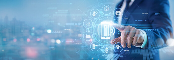 Cyber analyst. Certified operations expert touching Network Security virtual screen to monitor incoming data traffic, block external firewall threats, and protect sensitive company files. © FutureLogic Studio