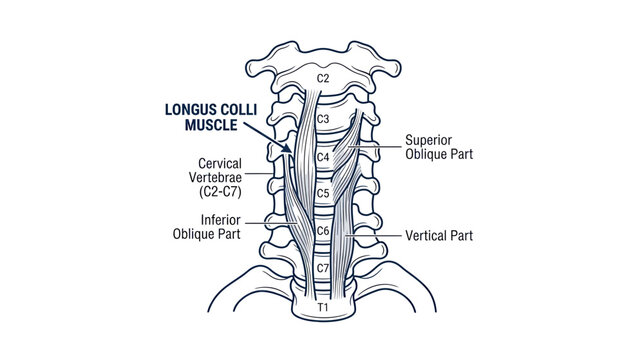 Longus Colli Muscle Anatomy Diagram: Cervical Spine, Vertebrae C2-C7, Muscle Parts