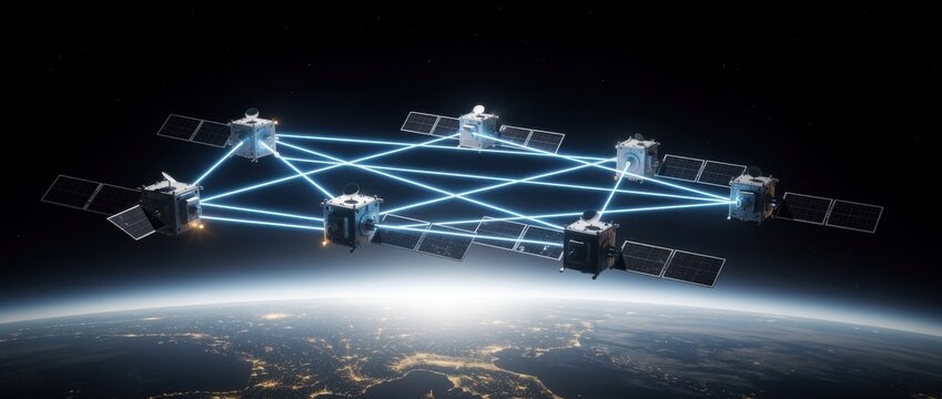 Futuristic Satellite Network Connecting Communication Systems Over Earth in Space with Light Beams Representing Data Flow and Connectivity