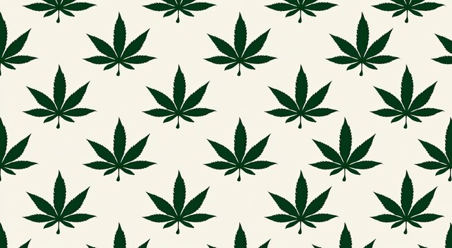 Repeating pattern of stylized green cannabis leaves on a cream background