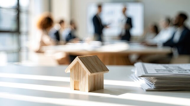 Tiny wooden house model sits on desk with blurred business meeting in background
