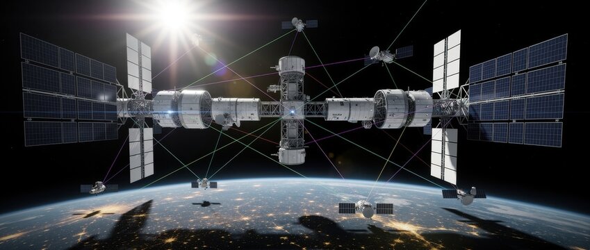 Futuristic Space Station Orbiting Earth with Solar Panels and Satellites in the Background Against a Bright Sunlit Cosmos