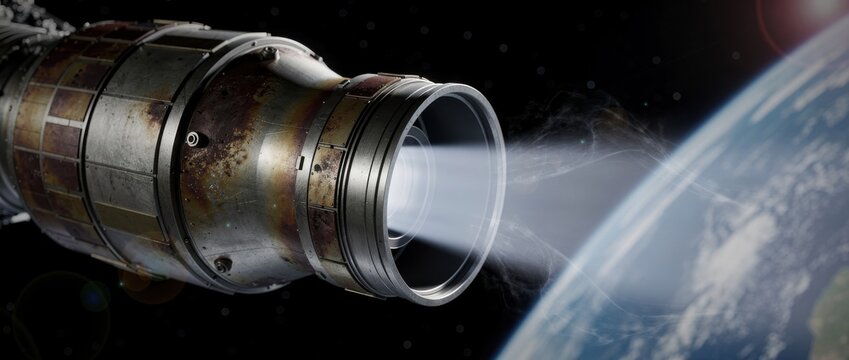 High-resolution image of rocket engine with exhaust plume, showcasing powerful technology against a backdrop of Earth and deep space