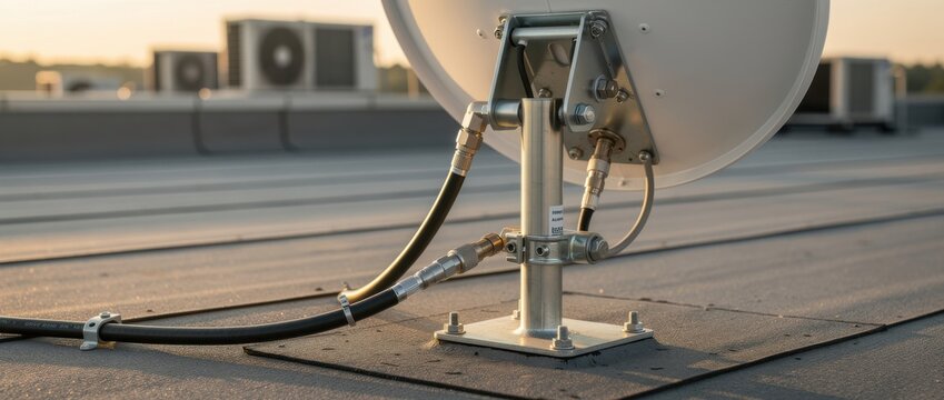 Satellite dish installation on building rooftop with focus on connections and equipment during sunset, showcasing technology in urban environment