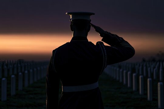 Soldier saluting at sunset in a cemetery