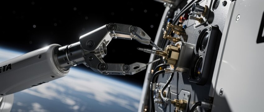 Robotic Arm Performing Maintenance on Space Station Module with Earth in Background, High-Tech Mechanism Showcasing Precision Engineering in Orbit