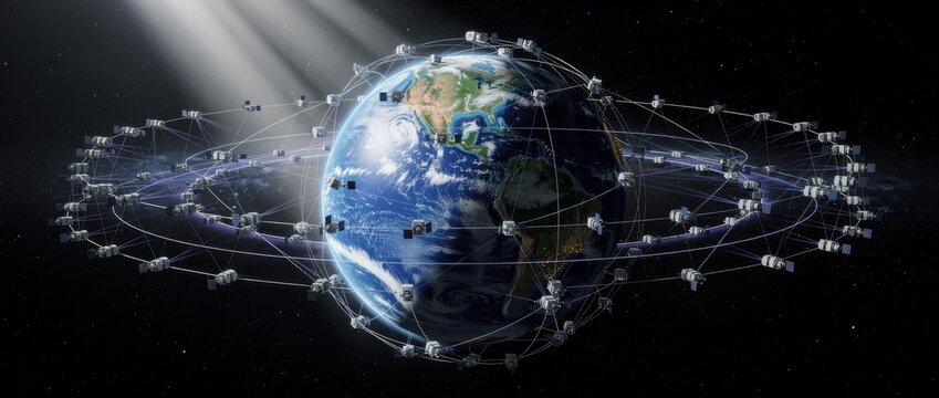 Satellite network orbiting Earth, connected by web of communication lines and technology in space with bright rays illuminating the planet&rsquo;s surface.