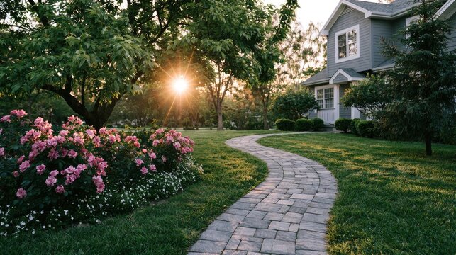Sunlit garden path leads to a charming house with lush greenery and flowers