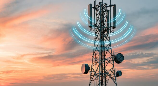Tower with glowing waves against a colorful sunset sky