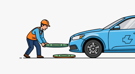 Mechanic installing wireless charging pad for electric vehicle. © power