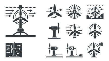 Renewable tidal energy and underwater turbine icons. © power