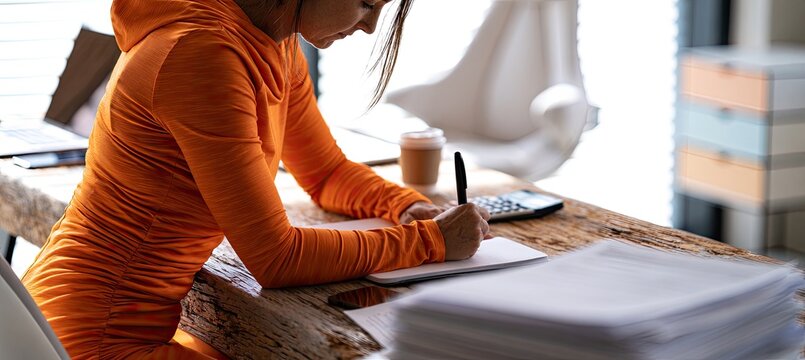 Woman in orange hoodie writing in notebook at desk with papers and coffee