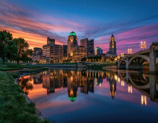 Fototapeta premium Cityscape at dusk with colorful sky reflecting in water
