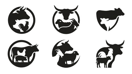 Obraz premium A set of six black and white farm animal logo icons, each featuring a cow, sheep, pig, chicken or bull