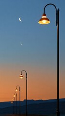 Obraz premium A serene twilight sky with a line of vintage lampposts illuminating a path
