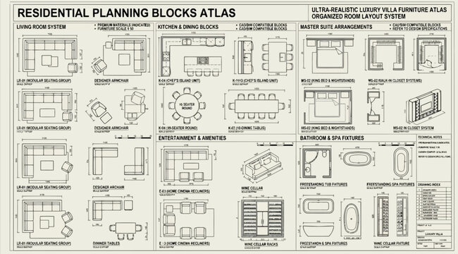 Residential planning blocks atlas showing furniture arrangement and layout standards for luxury villas