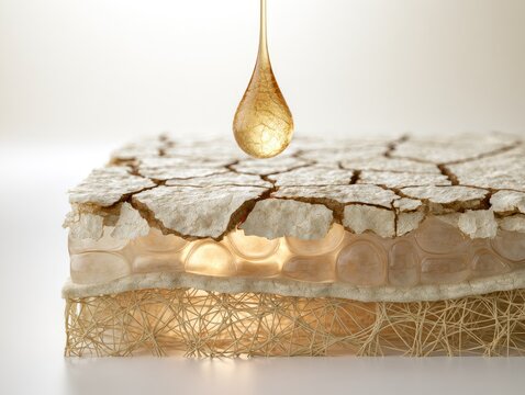 Macro view of dry, cracked skin layers receiving a drop of serum