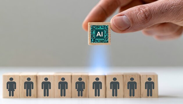 Hand places AI cube on row of people-shaped blocks