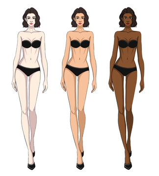 Colored skin tones fashion croquis figurines walking female body with short curly hair in fair, tan and brown skin.