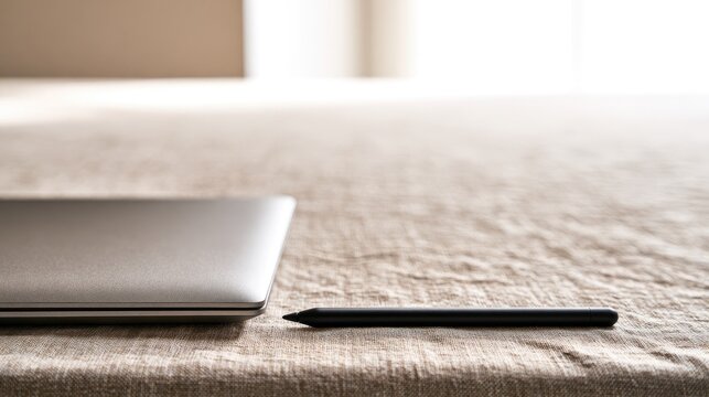 Closed metallic laptop and black stylus on textured fabric surface, soft light