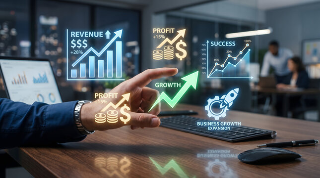 Innovative Business Growth and Success Metrics Displayed Digitally with Human Interaction