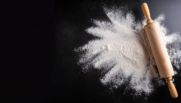 baking background with free space for your text rolling pin and flour on black table copy space top view