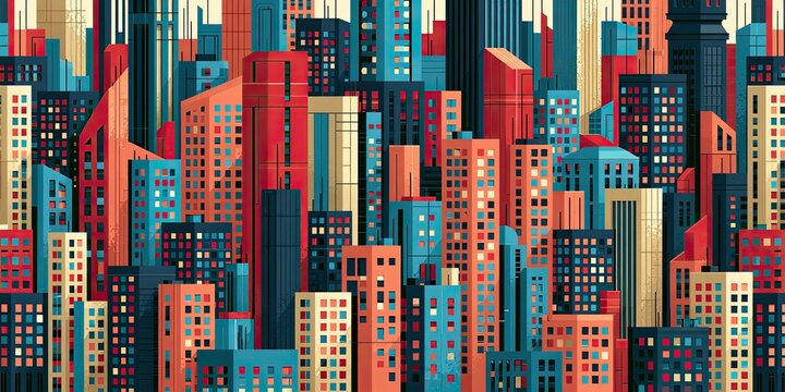 Stylized cityscape with densely packed, colorful, geometric buildings