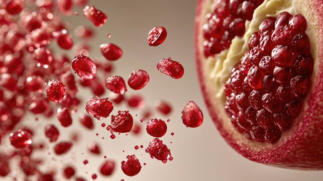 A close-up of ruby-red pomegranate seeds exploding from a halved fruit