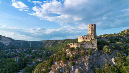 Naklejka premium Aerial Landscape of Historic Pocitelj Citadel and Valley in Bosnia and Herzegovina