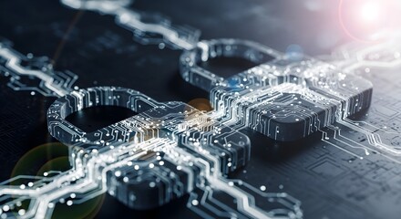 Naklejka premium Digital padlocks with glowing white circuit patterns representing blockchain technology and cybersecurity in a futuristic dark environment