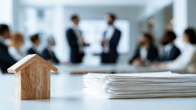 Small wooden house model on a table in front of blurry meeting