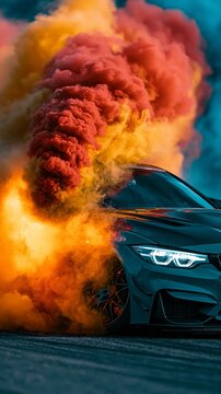A dark sports car performs a burnout with vibrant orange and pink smoke clouds against a blue background.