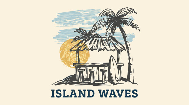 Island waves beach bar design. Surf shack vintage vector. Summer paradise palm tree print.