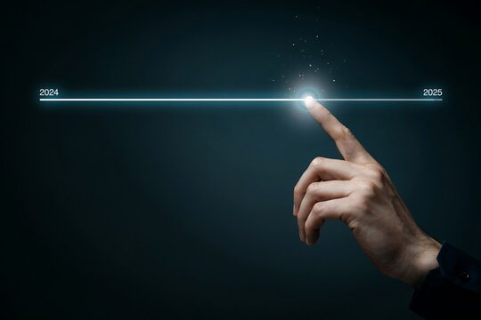 Businessman touching a digital timeline between 2024 and 2025 for future planning
