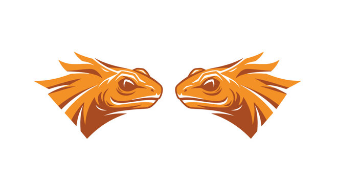 Two orange stylized lizard heads facing each other.