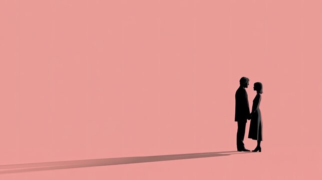 Silhouetted couple holding hands on plain pink background with long shadow