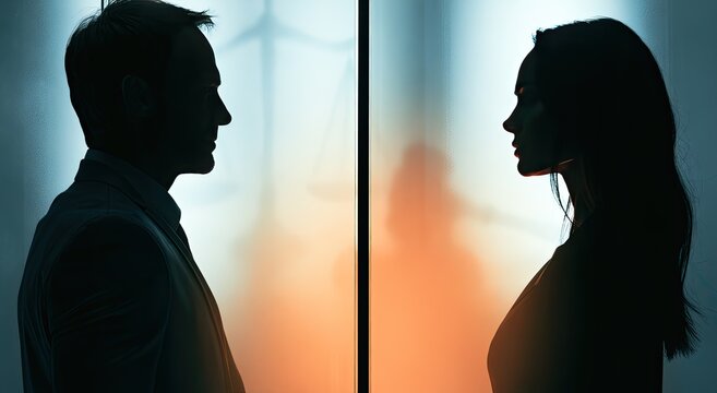 Silhouettes of a man and woman facing each other in a modern office