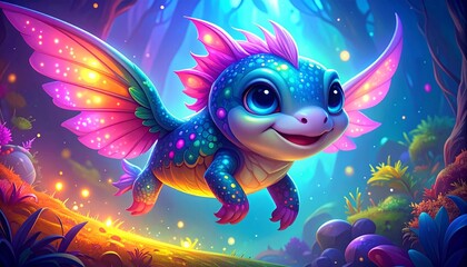 Baby fantasy dragon with glowing wings flying through magical glowing forest landscape creature enchanted mythical colorful © Aliza 