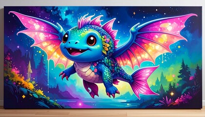 Cute little fantasy dragon flying in magical glowing enchanted forest with pink wings and blue scales creature enchanted © Aliza 